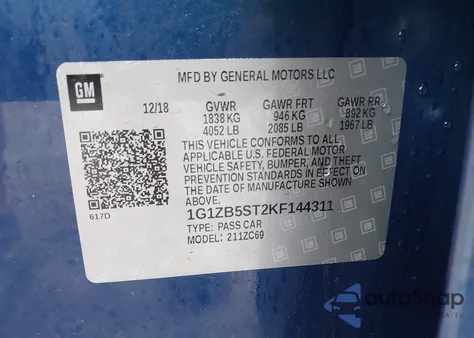 2019 Chevrolet Malibu 1Ls z USA, uszkodzony, nr VIN 1G1ZB5ST2KF144311